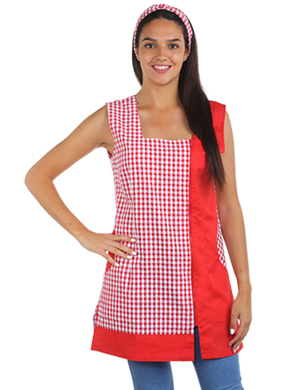 Chaleco para señora rojo combinado con estampado de cuadros y cremallera lateral.