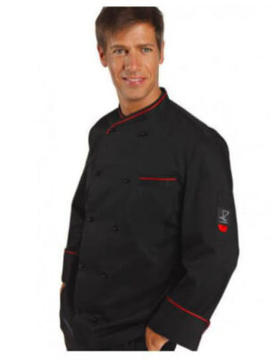 Chaqueta de cocina en color negro con detalles y vivo en color rojo.