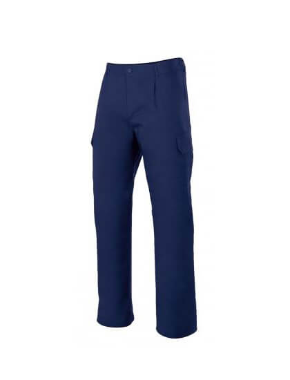Pantalón industrial multibolsillos con botón y cremallera en color azul.