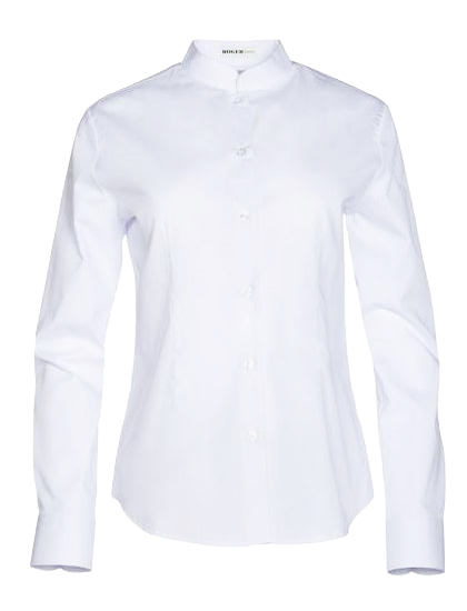 Camisa o blusa de señora de manga larga con cuello mao en color blanco.