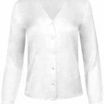 Blusa de señora de cuello pico y manga larga en color blanco.