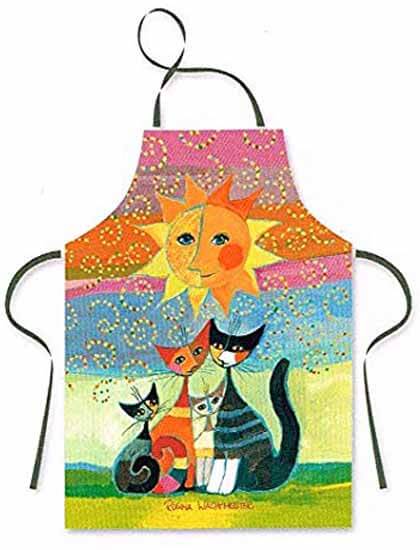 Delantal Rosina Watchmeister de colores con gatos y un gran sol.